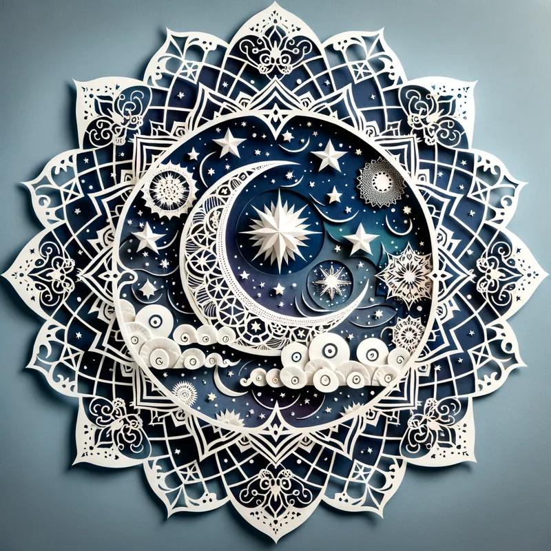 Celestial Skies Mandala - An enchanting paper cut-out mandala of a celestial night sky filled with stars, a crescent moon, and wisps of clouds, framed beautifully. - AI image generated with Art