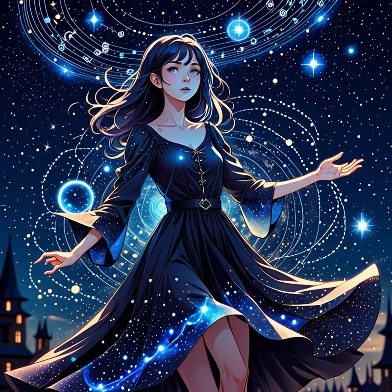 Celestial Sorceress - Anime-style girl witch levitating while spellcasting, surrounded by radiant constellations and shimmering blue magic circles, elegant dress, starry night sky, ethereal glow, powerful and majestic mood, highly detailed - AI image generated with Fictional