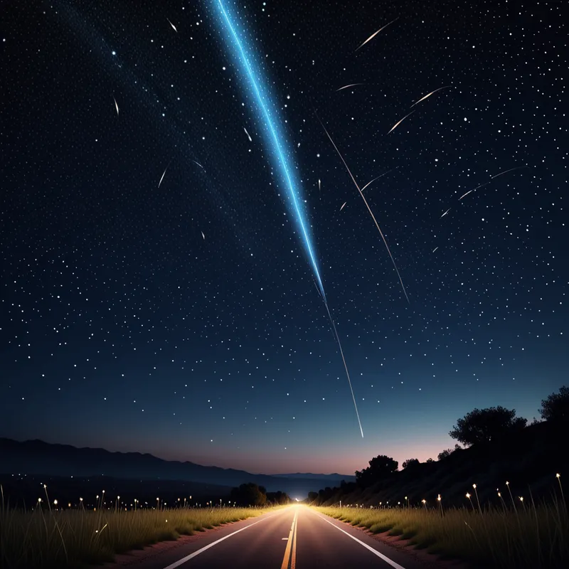 Celestial Streak - A dazzling shooting star blazing across a deep night sky filled with countless twinkling stars, leaving a luminous trail over a serene dark horizon, cinematic, highly detailed, magical atmosphere. - AI image generated with Fictional