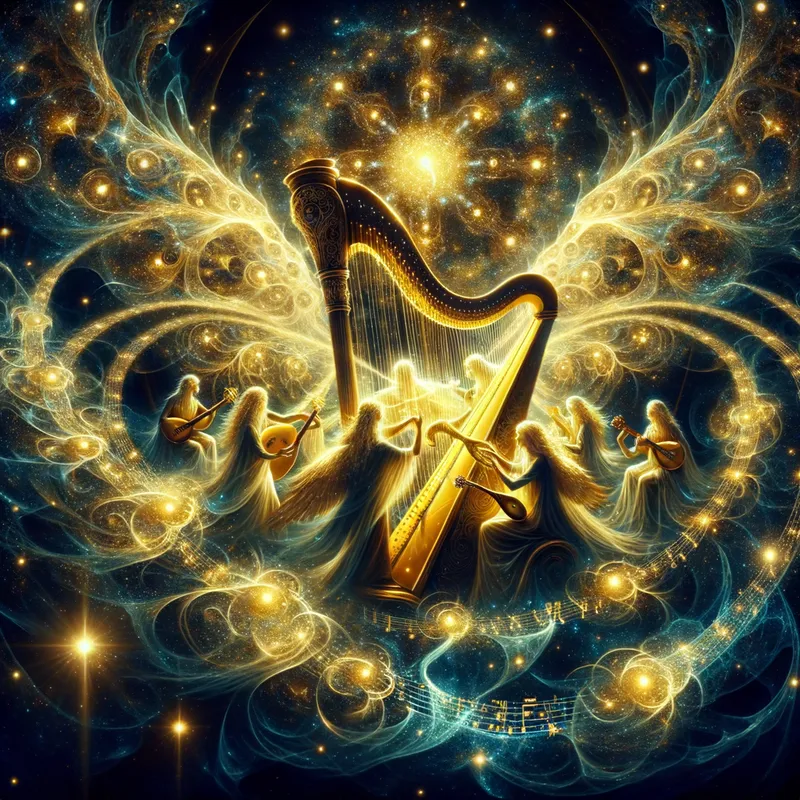 Celestial Symphony - An ethereal realm where celestial beings play golden harps and lutes, their music forming luminous pathways and stars, showcasing how harmony rules the cosmos. - AI image generated with Art