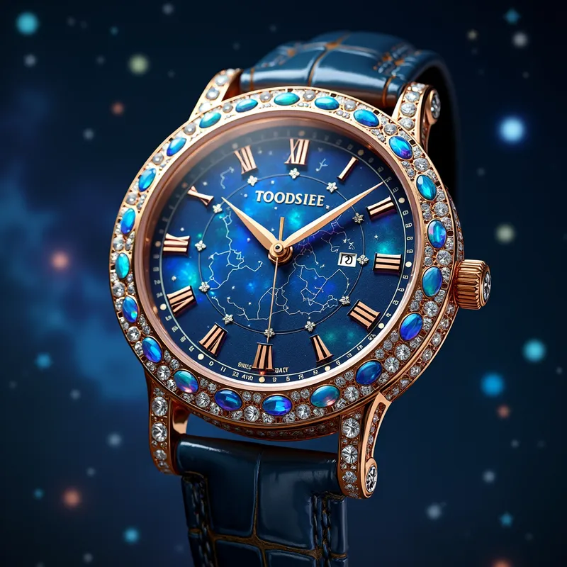 Celestial Timepiece - A luxurious and intricate watch adorned with opal gemstones, set against a starry night sky backdrop. The timepiece features a celestial design, including constellations and shooting stars, all crafted with exquisite attention to detail. - AI image generated with Photorealistic 2