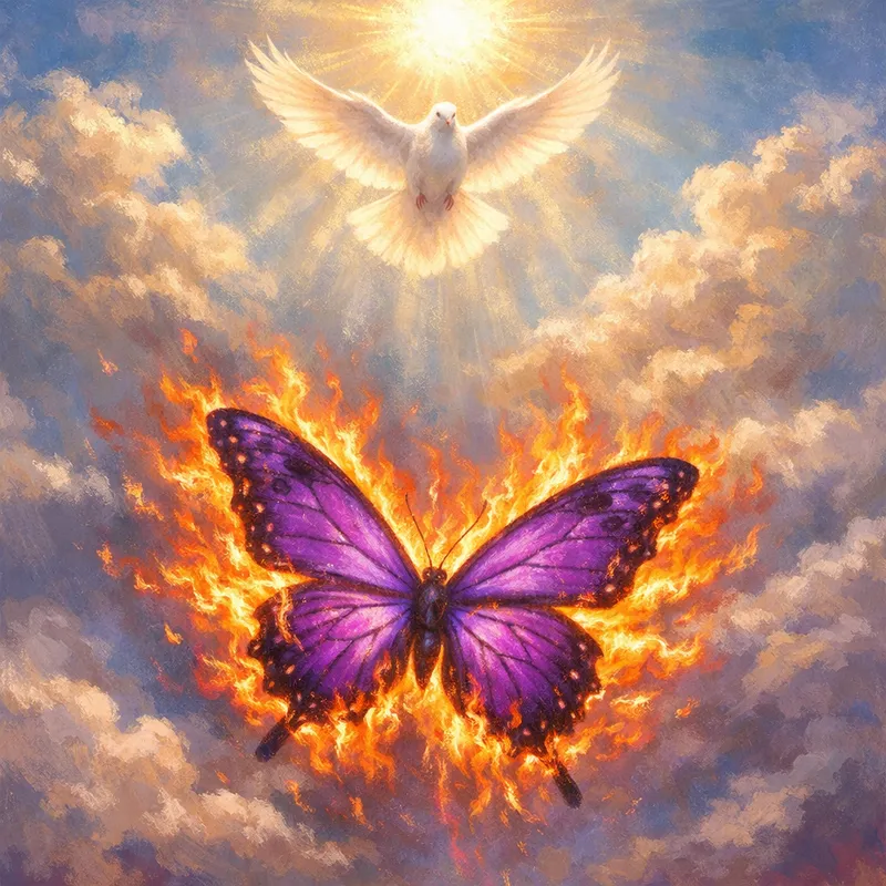Celestial Violet Butterfly and Dove - A breathtaking fantasy scene of a beautiful purple butterfly suspended in the sky, engulfed in vivid glowing flames yet completely unharmed, its wings radiant and elegant. Above, the sun is shining high in a bright, beautiful sky with only a few soft clouds scattered across it. From the sunlight, a pure white dove gracefully descends, glowing with heavenly light. The atmosphere is peaceful, majestic, and symbolic, with rich colors, dramatic lighting, and a dreamlike, divine quality. Would you like this styled as realistic, cinematic, or painterly? - AI image generated with GPT Image