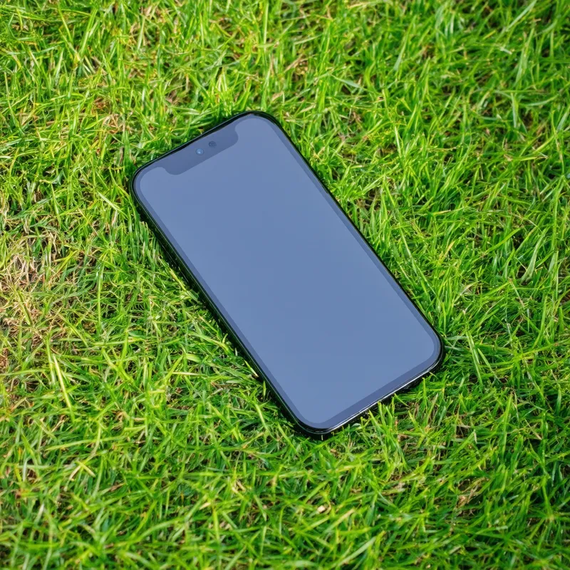 Cellphone on Green Grass - A realistic mockup of a modern smartphone lying on vibrant green grass. The scene should capture the contrast between the sleek technology of the cellphone and the natural texture of the grass. The grass should be lush and well-lit, with the cellphone screen turned off to minimize reflections. The overall mood should be fresh and inviting, emphasizing the blend of technology and nature.