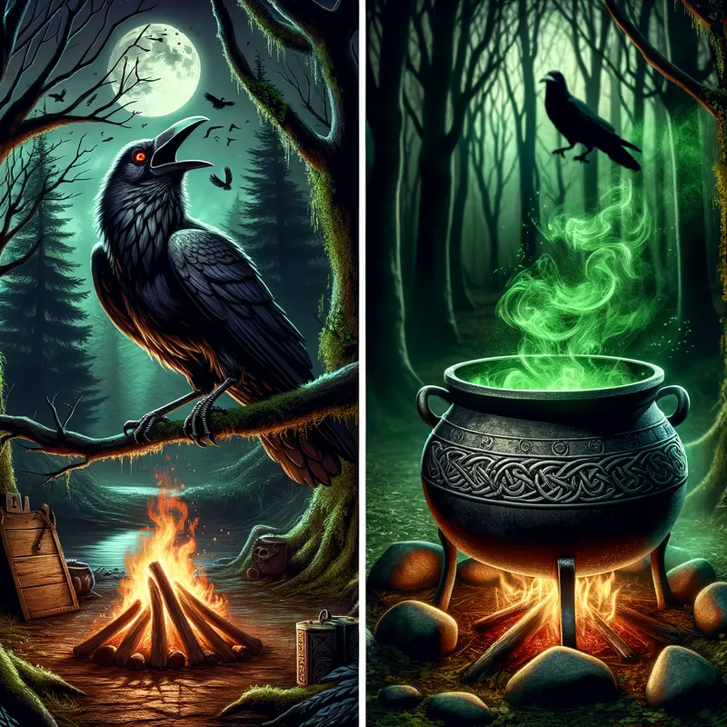 Celtic Cauldron in Spooky Glade - An image capturing a large Celtic cauldron in a scary woodland glade, illuminated by a bright fire. In the foreground, a demonic crow with red eyes sits on a branch, crying out to the night, as green fumes emanate from the cauldron. - AI image generated with Art