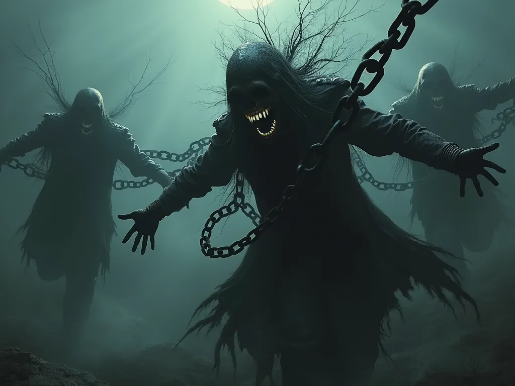Chained Souls - An ethereal representation of lost souls in chains, captured in a violent musical frenzy, blending dark aesthetics with elements of horror and metal. - AI image generated with Photorealistic 2 - surrealismus, dark tones, photorealistic