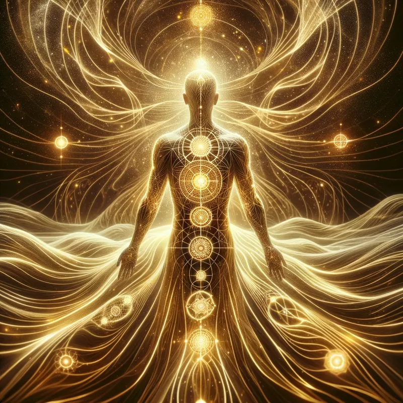 Chakra Mastery - A glowing figure with intricate geometric patterns on their skin, representing divine activation, stands amidst swirling waves of golden light. Ethereal energy streams align through their chakras, connecting them with the cosmic expanse of shimmering stars. - AI image generated with Art