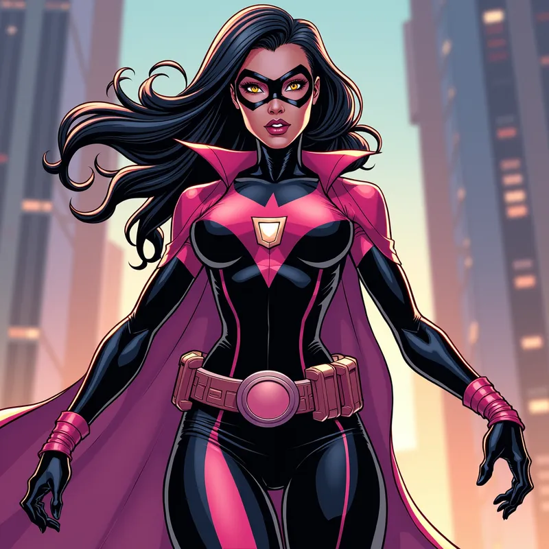Chalice: Vibrant Hero in Action City - Create an image of Chalice from the comic book Alters. She is a superhero with a strong presence, wearing a sleek costume with vibrant colors. The background should be dynamic, showcasing a cityscape with a hint of action. - AI image generated with Photorealistic 2