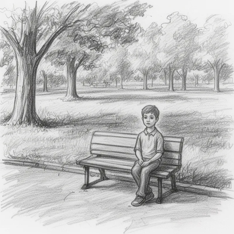 Chalk & Pencil: Boy on Bench - A boy sitting on a bench alone in a park - AI image generated with Flux 2 - chalk, pencil drawing