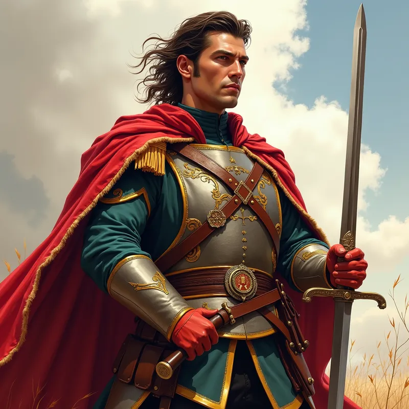 Champion's Legacy - An artistic rendition of Ilia Topuria clad in a detailed Spaniard war uniform, posed heroically with one hand on his sword, as if ready to lead troops into battle. - AI image generated with Photorealistic 2