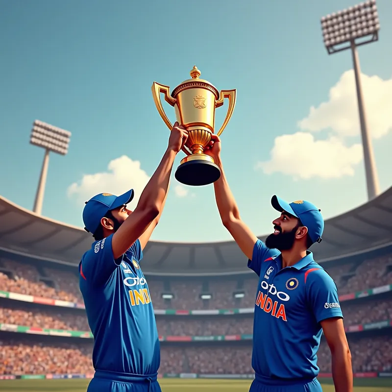 Champions of 2025 - A dynamic scene of Rohit Sharma and Virat Kohli holding a large trophy high above their heads in 2025, with a stadium full of cheering fans and a banner that reads 'Champions'. - AI image generated with Photorealistic 2