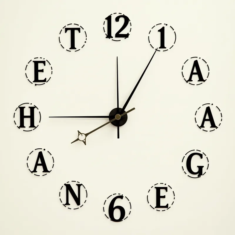 Change in Time Typeface Clock - An elegant clockface with evenly spaced circular indices, each displaying a distinct letter: T, I, M, E, 4, A, C, H, A, N, G, E. All letters are uniform, with balanced, natural kerning, resembling authentic clock markings. Small, non-intrusive clock hands mark 3 minutes past 11, the minute hand pointing at E, the hour hand just before the corresponding E. The hands are fine-lined, so as not to obscure the letterforms. - AI image generated with Text