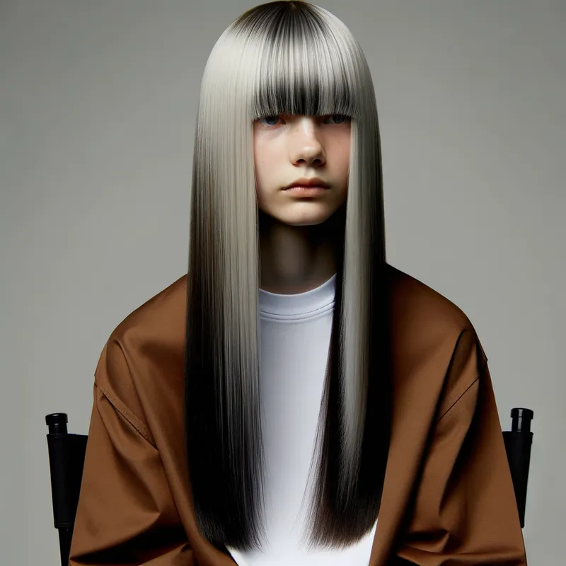 Change the hair of the girl sitting on t - Change the hair of the girl sitting on the right (wearing a brown shirt and a white t-shirt underneath) to have long straight hair with a straight fringe at the front, slightly parted. The base color of the hair should be intense black with thick and thin platinum blonde highlights from the roots. Light blonde highlights should also be integrated into the lower layers of the hair. The fringe should have a visible and vertical mix between black and platinum blonde. Keep the same pose, expression, lighting, clothing, and artistic style. - AI image generated with Art