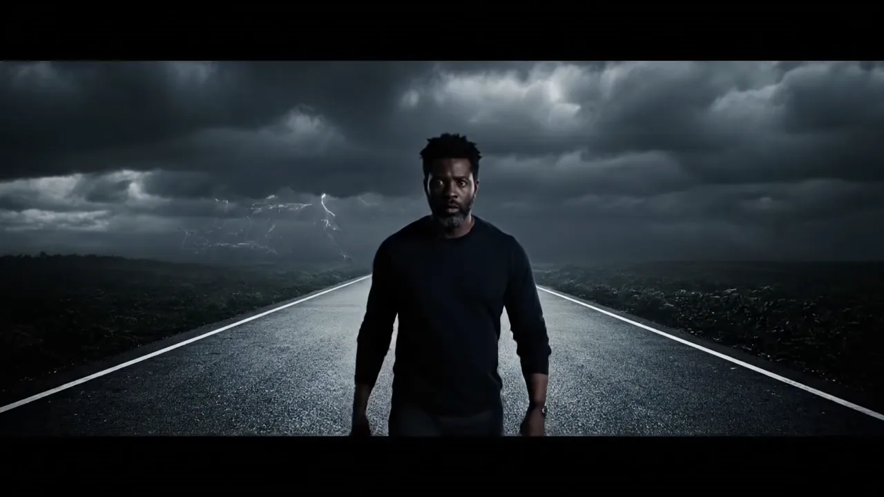Chaos Within the Storm - An epic 8k cinematic experience begins with a wide shot of a man standing on a long, narrow road. The backdrop is filled with dark, stormy clouds. As the camera slowly zooms in on the man's face, his eyes reflect the ominous clouds with occasional lightning strikes. The camera continues zooming into the man's eyes, transitioning to the storm raging within his mind. Inside, he stands in the eye of the storm with ferocious winds, lightning, thunder, and heavy rain swirling around him, encapsulating the chaos within. - AI video generated with Veo 3