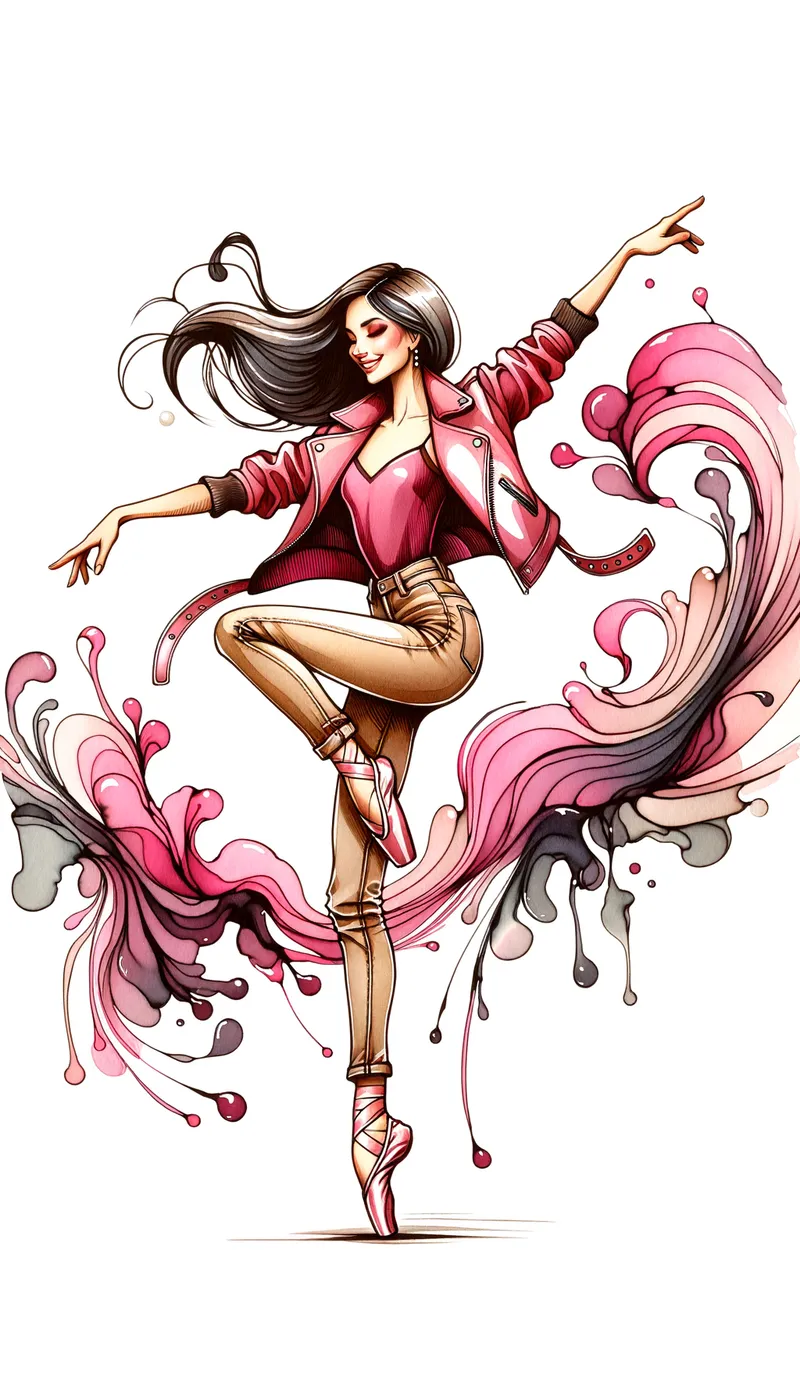 Charming Ballerina - Digital art portraying a beautiful ballerina with silky hair, donning a stylish pink leather jacket, beige leather jeans, and elegant black ballet pointe shoes. She dances on stage with grace, showcasing her fine hip and smiling back at the viewer warmly. - AI image generated with Art - alcohol ink, colorful, cartoony