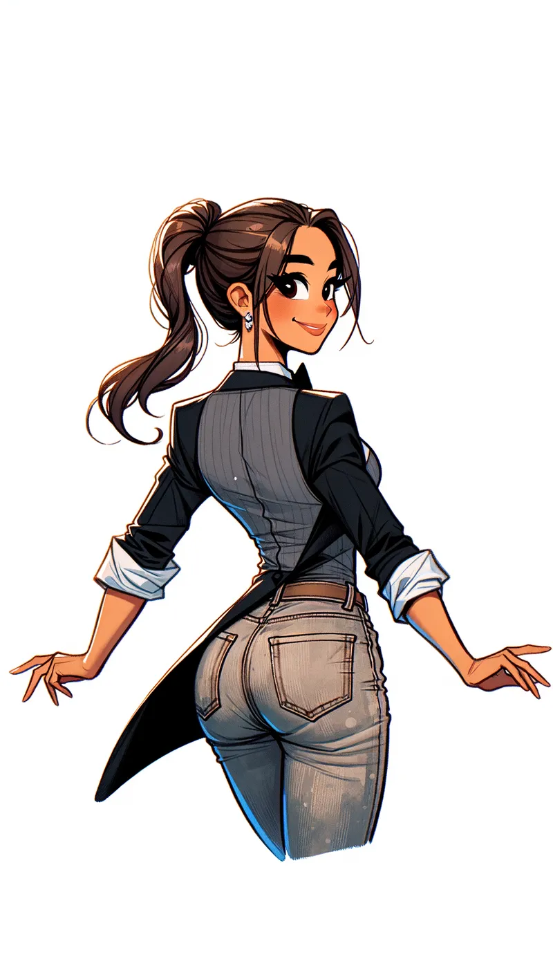 Charming Ballerina - A digital anime illustration featuring a beautiful Latina ballerina with a nicely sculpted waist, dressed in a black tuxedo, grey button-up vest, beige leather jeans, and black ballet pointe shoes. She is depicted from the rear, turning to smile at the viewer. - AI image generated with Art - alcohol ink, cartoony, colorful