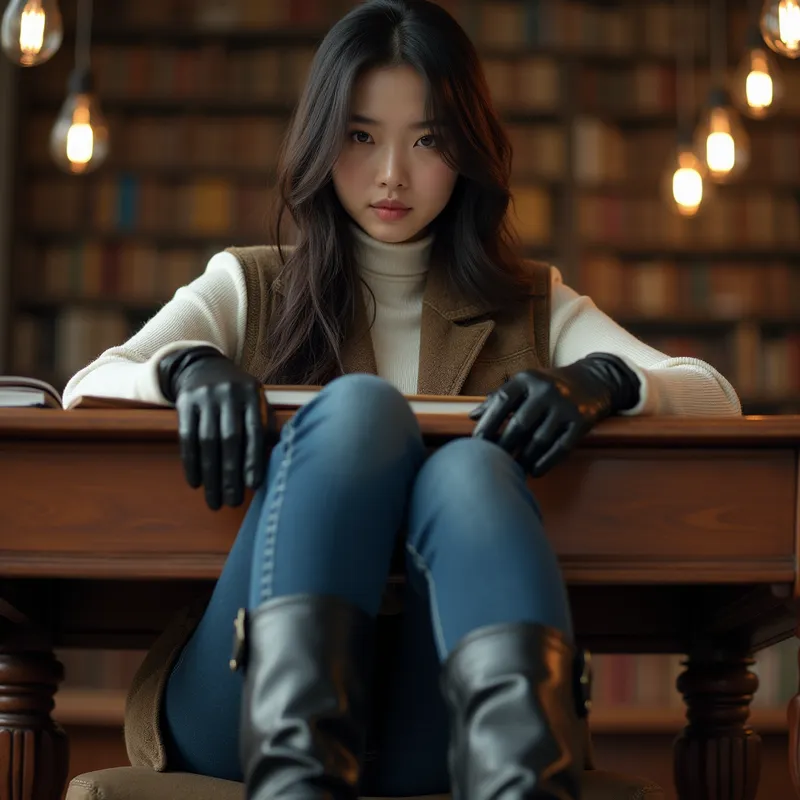 Charming Chinese Student in Equestrian Style - A beautiful young Chinese woman with long, straight hair, wearing a wool vest and shiny, tight black leather gloves, paired with slim-fit jeans and real, glossy, stiff riding boots. She sits at her study desk, gazing down with a look of dominance and contempt. The shot is from a low, upward angle, emphasizing her striking boots. - AI image generated with Photorealistic 2