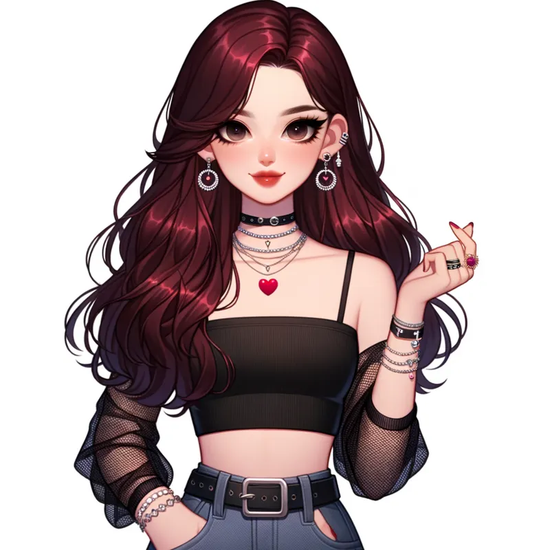 Charming Idol Performer - A full-body depiction of a teenage Japanese K-Pop idol girl with striking dark red hair, accessorized with earrings, a choker, and rings. She has a heart tattoo on her wrist and is dressed in a trendy, glamorous outfit ready to light up the stage. - AI image generated with Art