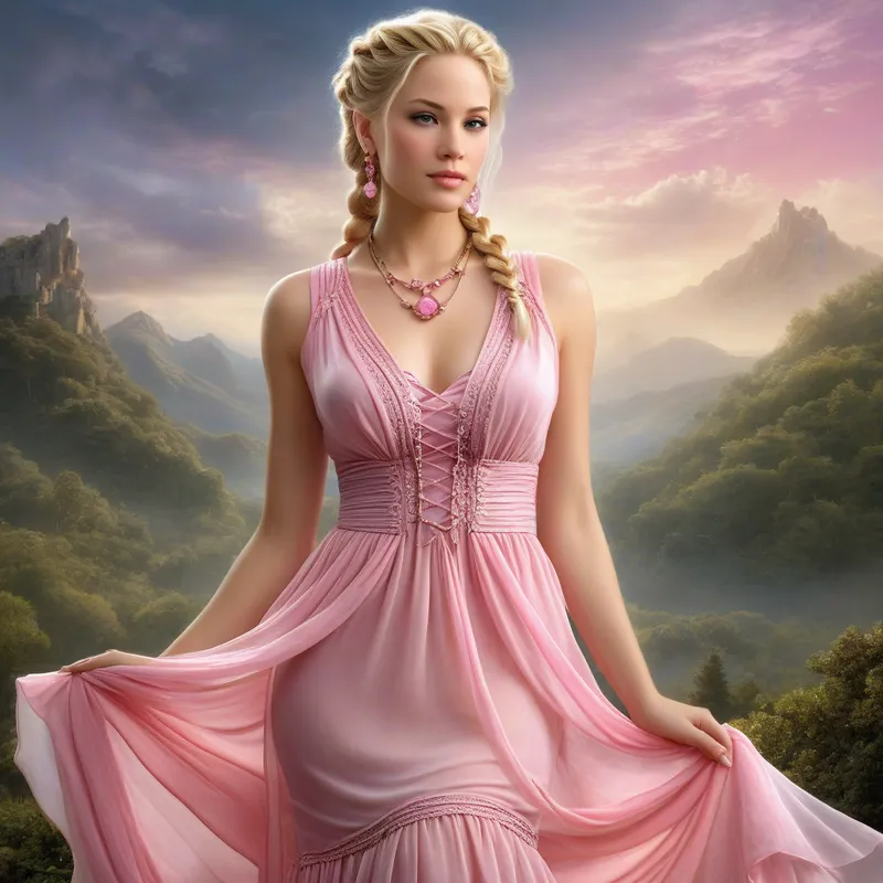 Charming Siren - A full body photorealistic visualization of a beautiful, charming, enchanted woman with blonde hair styled in a French braid. She has earrings, a necklace, and beautifully applied makeup. She is dressed in a pink soft chiffon layered sleeveless dress. The image should be ultradetailed, combining acrylic and oil painting with HDR effects, reflecting an ethereal and inspirational atmosphere inspired by Luis Royo and Steve Hanks. - AI image generated with Photorealistic