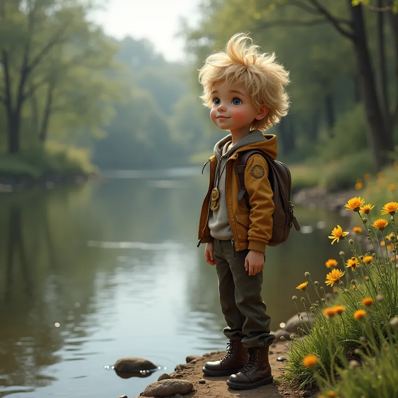 Charming Teen by the Creek - A realistic image of a tall fourteen-year-old boy with fluffy dirty blond hair standing by a picturesque creek, looking charming. - AI image generated with Photorealistic 2