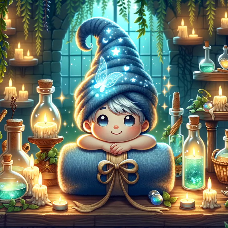 Charming Wizard Hair Spa - An adorable wizard enjoying a relaxing spa treatment for his hair at a magical salon. The room is adorned with floating candles, potion bottles, and magical plants. The wizard's hair is wrapped in a glowing, enchanted towel, and the ambiance is serene and otherworldly. - AI image generated with Art