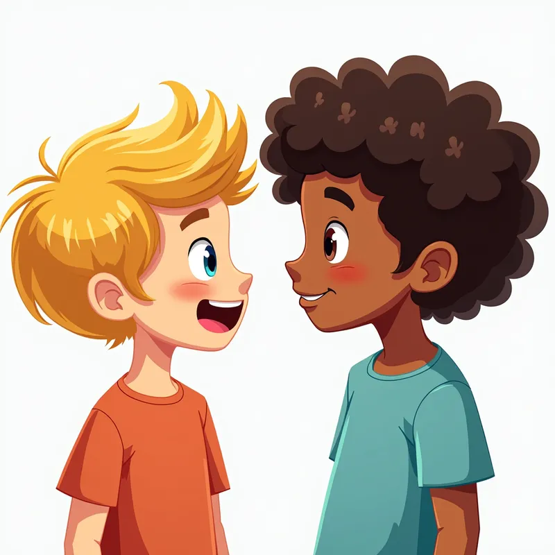 Chatting Kinder Friends - A vibrant cartoon of two 5-year-old kids, one with light skin and blonde hair, the other with brown skin and long, curly hair. One is talking and the other one is listening with their mouth closed. The one listening has a closed mouth. - AI image generated with Photorealistic 2