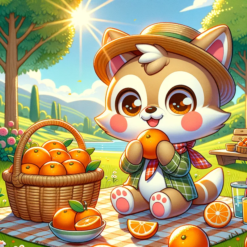 Cheburashka's Orange Feast - An endearing image of Cheburashka enjoying a feast of oranges at a picnic, with a basket full of oranges and a scenic outdoor setting. - AI image generated with Art