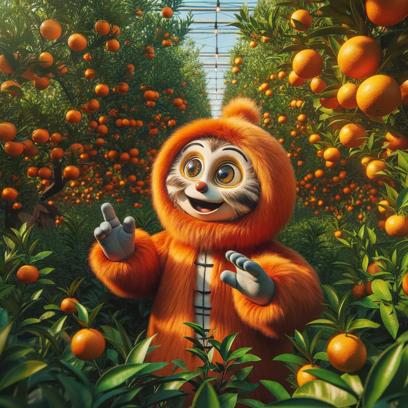 Cheburashka's Orange Orchard - A vibrant scene of Cheburashka in an orange orchard, surrounded by orange trees laden with fruit, with a sunny and cheerful atmosphere. - AI image generated with Art