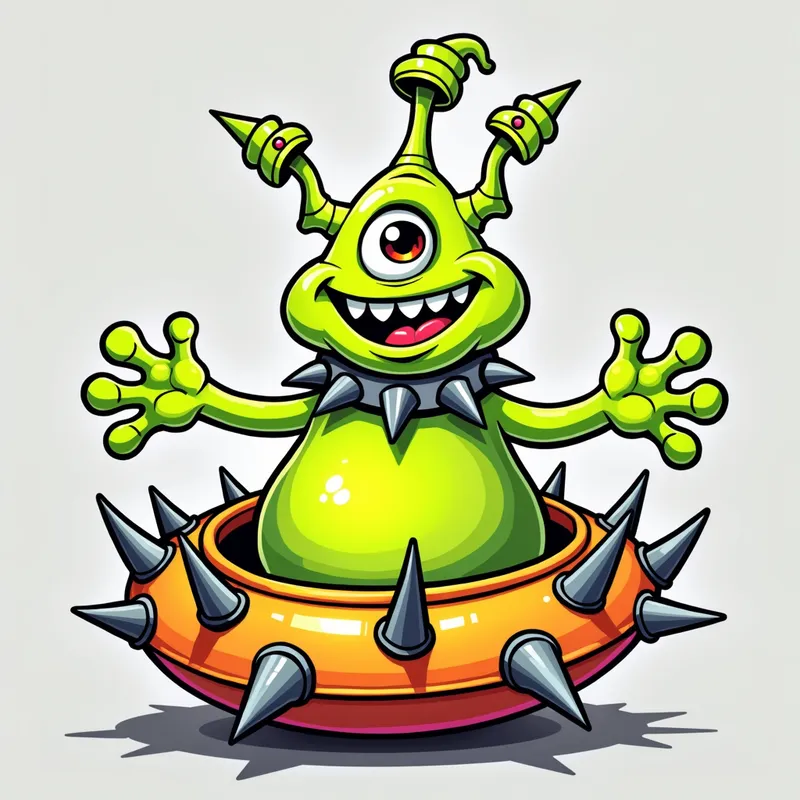 Cheerful Alien Pilot - /imagine prompt:Detailed line art illustration A cartoonish, bright green alien creature, positioned centrally in the image. The creature has a bulbous, teardrop shape body, and one large, expressive eye in the middle of its forehead Three oddly shaped fleshy appendages stick straight out from the top of its headi. It is wearing a gothic collar with enormous metal spikes sticking out of it. The creature has a cheerful, grinning expression, with visible, cartoonish teeth. Its arms, also brightly coloured, are outstretched in a welcoming gesture. The creature is sitting in a brightly coloured spaceship with metal spikes sticking out from the sides. The background is a plain, light gray. The style is vibrant, playful, and exaggerated, with bold outlines and bright colors. The lighting is even, casting no significant shadows. The creature's pose is friendly and inviting. The overall impression is of a friendly, cartoon alien character. - AI image generated with Photorealistic 2