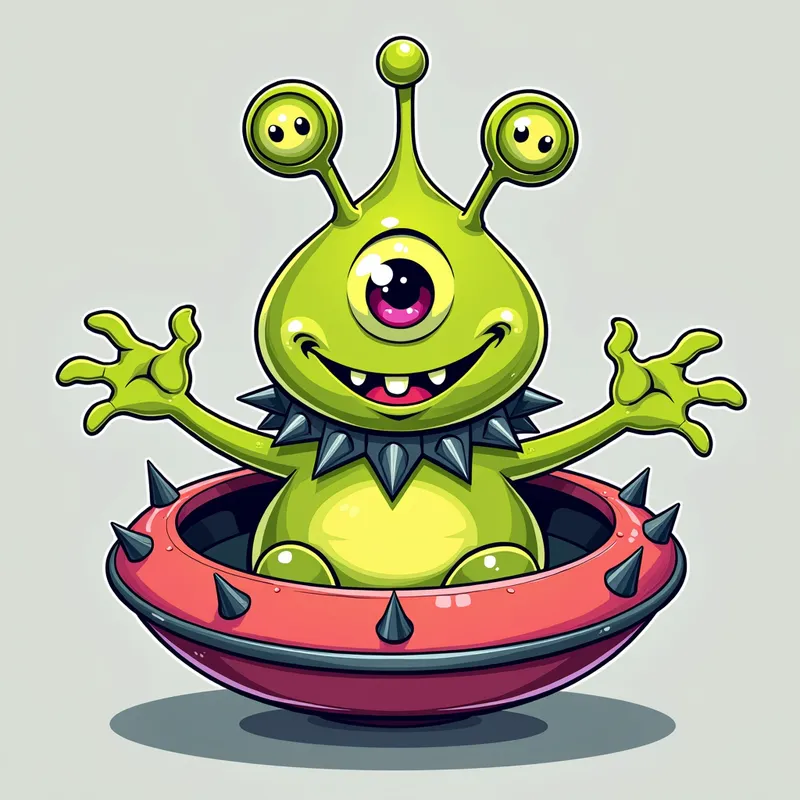 Cheerful Alien Pilot - /imagine prompt:Detailed line art illustration A cartoonish, bright green alien creature, positioned centrally in the image. The creature has a bulbous, teardrop shape body, and one large, expressive eye in the middle of its forehead Three oddly shaped fleshy appendages stick straight out from the top of its headi. It is wearing a gothic collar with enormous metal spikes sticking out of it. The creature has a cheerful, grinning expression, with visible, cartoonish teeth. Its arms, also brightly coloured, are outstretched in a welcoming gesture. The creature is sitting in a brightly coloured spaceship with metal spikes sticking out from the sides. The background is a plain, light gray. The style is vibrant, playful, and exaggerated, with bold outlines and bright colors. The lighting is even, casting no significant shadows. The creature's pose is friendly and inviting. The overall impression is of a friendly, cartoon alien character. - AI image generated with Photorealistic 2