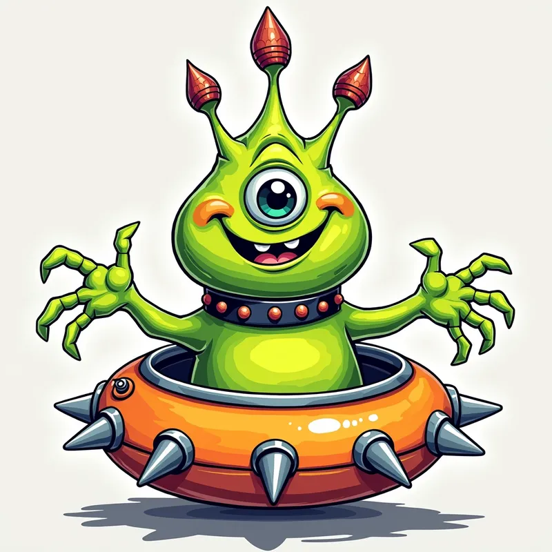 Cheerful Alien in Bright Spaceship - /imagine prompt:Detailed line art illustration A cartoonish, bright green alien creature, positioned centrally in the image. The creature has a bulbous, teardrop shape body, and one large, expressive eye in the middle of its forehead Three oddly shaped fleshy appendages stick straight out from the top of its headi. It is wearing a gothic collar with enormous metal spikes sticking out of it. The creature has a cheerful, grinning expression, with visible, cartoonish teeth. Its arms, also brightly coloured, are outstretched in a welcoming gesture. The creature is sitting in a brightly coloured spaceship with metal spikes sticking out from the sides. The background is a plain, light gray. The style is vibrant, playful, and exaggerated, with bold outlines and bright colors. The lighting is even, casting no significant shadows. The creature's pose is friendly and inviting. The overall impression is of a friendly, cartoon alien character. - AI image generated with Photorealistic 2