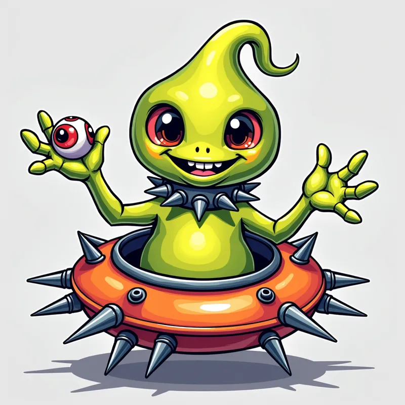Cheerful Alien in Gothic Spaceship - Detailed line art illustration A cartoonish, brightly coloured alien creature, positioned centrally in the image. The creature has a bulbous, teardrop shape body, and three large, expressive eyes.  a hand extends from its head with a eyeball sitting in the palm. It is wearing a gothic collar with enormous metal spikes sticking out of it. The creature has a cheerful, grinning expression, with visible, cartoonish teeth.  Its arms, also brightly coloured, are outstretched in a welcoming gesture. The creature is sitting in a brightly coloured spaceship with metal spikes sticking out from the sides. The background is a plain, light gray. The style is vibrant, playful, and exaggerated, with bold outlines and bright colors. The lighting is even, casting no significant shadows. The creature's pose is friendly and inviting. The overall impression is of a friendly, cartoon alien character. - AI image generated with Photorealistic 2
