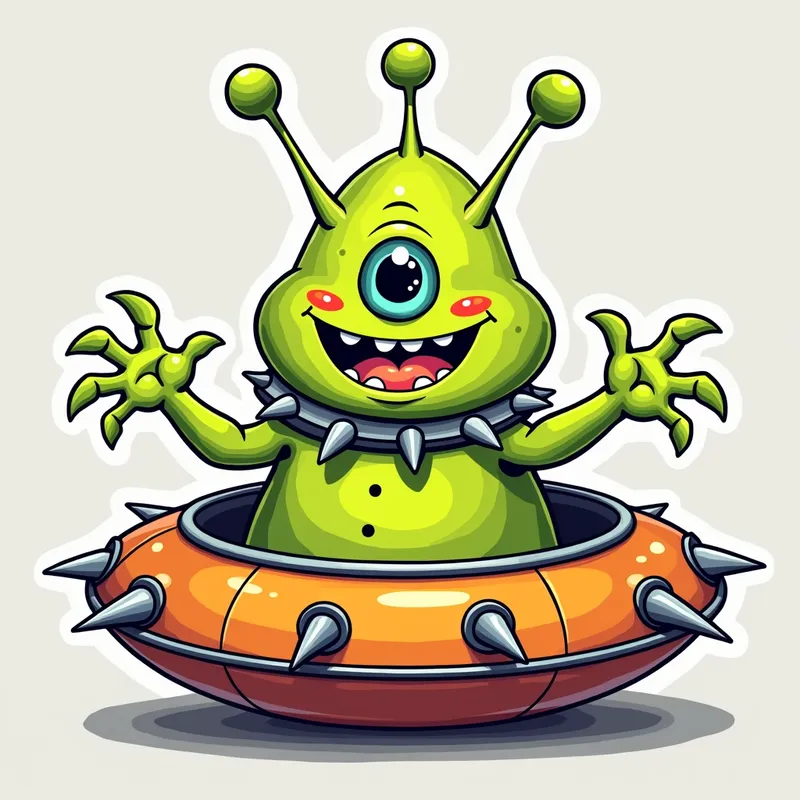 Cheerful Alien in Spike Spaceship - /imagine prompt:Detailed line art illustration A cartoonish, bright green alien creature, positioned centrally in the image. The creature has a bulbous, teardrop shape body, and one large, expressive eye in the middle of its forehead Three oddly shaped fleshy appendages stick straight out from the top of its headi. It is wearing a gothic collar with enormous metal spikes sticking out of it. The creature has a cheerful, grinning expression, with visible, cartoonish teeth.  Its arms, also brightly coloured, are outstretched in a welcoming gesture. The creature is sitting in a brightly coloured spaceship with metal spikes sticking out from the sides. The background is a plain, light gray. The style is vibrant, playful, and exaggerated, with bold outlines and bright colors. The lighting is even, casting no significant shadows. The creature's pose is friendly and inviting. The overall impression is of a friendly, cartoon alien character. - AI image generated with Photorealistic 2