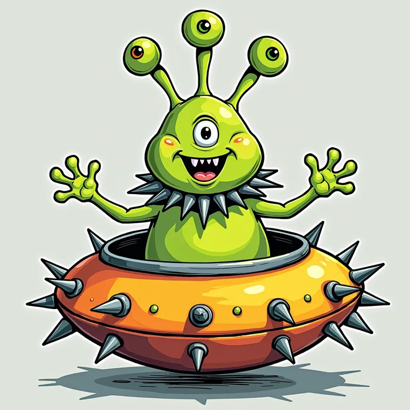 Cheerful Alien in Spike Spaceship - /imagine prompt:Detailed line art illustration A cartoonish, bright green alien creature, positioned centrally in the image. The creature has a bulbous, teardrop shape body, and one large, expressive eye in the middle of its forehead Three oddly shaped fleshy appendages stick straight out from the top of its headi. It is wearing a gothic collar with enormous metal spikes sticking out of it. The creature has a cheerful, grinning expression, with visible, cartoonish teeth. Its arms, also brightly coloured, are outstretched in a welcoming gesture. The creature is sitting in a brightly coloured spaceship with metal spikes sticking out from the sides. The background is a plain, light gray. The style is vibrant, playful, and exaggerated, with bold outlines and bright colors. The lighting is even, casting no significant shadows. The creature's pose is friendly and inviting. The overall impression is of a friendly, cartoon alien character. - AI image generated with Photorealistic 2