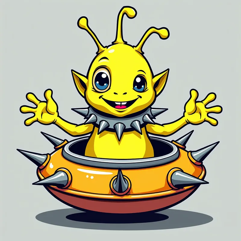 Cheerful Alien in Spiked Spaceship - Detailed line art illustration A cartoonish, fluorescent yellow alien creature, positioned centrally in the image. The creature has a bulbous, teardrop shape body, and one large, expressive eye in the middle of its forehead Three oddly shaped fleshy appendages stick straight out from the top of its headi. It is wearing a gothic collar with enormous metal spikes sticking out of it. The creature has a cheerful, grinning expression, with visible, cartoonish teeth.  Its arms, also brightly coloured, are outstretched in a welcoming gesture. The creature is sitting in a brightly coloured spaceship with metal spikes sticking out from the sides. The background is a plain, light gray. The style is vibrant, playful, and exaggerated, with bold outlines and bright colors. The lighting is even, casting no significant shadows. The creature's pose is friendly and inviting. The overall impression is of a friendly, cartoon alien character. - AI image generated with Photorealistic 2