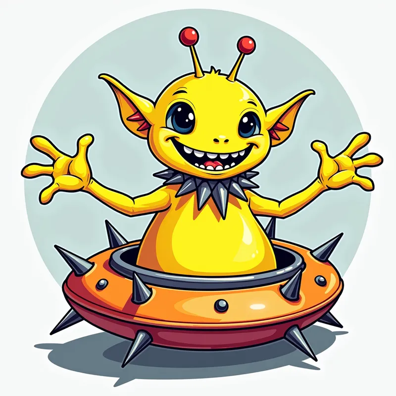 Cheerful Alien in Spiked Spaceship - Detailed line art illustration A cartoonish, fluorescent yellow alien creature, positioned centrally in the image. The creature has a bulbous, teardrop shape body, and one large, expressive eye in the middle of its forehead Three oddly shaped fleshy appendages stick straight out from the top of its headi. It is wearing a gothic collar with enormous metal spikes sticking out of it. The creature has a cheerful, grinning expression, with visible, cartoonish teeth. Its arms, also brightly coloured, are outstretched in a welcoming gesture. The creature is sitting in a brightly coloured spaceship with metal spikes sticking out from the sides. The background is a plain, light gray. The style is vibrant, playful, and exaggerated, with bold outlines and bright colors. The lighting is even, casting no significant shadows. The creature's pose is friendly and inviting. The overall impression is of a friendly, cartoon alien character. - AI image generated with Photorealistic 2