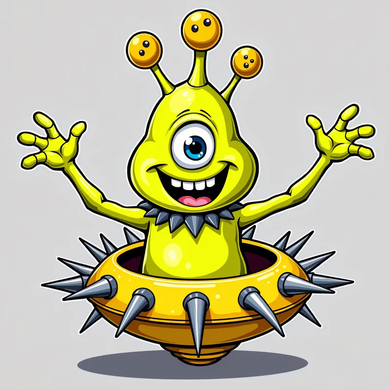 Cheerful Alien in Spiked Spaceship - Detailed line art illustration A cartoonish, fluorescent yellow alien creature, positioned centrally in the image. The creature has a bulbous, teardrop shape body, and one large, expressive eye in the middle of its forehead Three oddly shaped fleshy appendages stick straight out from the top of its headi. It is wearing a gothic collar with enormous metal spikes sticking out of it. The creature has a cheerful, grinning expression, with visible, cartoonish teeth. Its arms, also brightly coloured, are outstretched in a welcoming gesture. The creature is sitting in a brightly coloured spaceship with metal spikes sticking out from the sides. The background is a plain, light gray. The style is vibrant, playful, and exaggerated, with bold outlines and bright colors. The lighting is even, casting no significant shadows. The creature's pose is friendly and inviting. The overall impression is of a friendly, cartoon alien character. - AI image generated with Photorealistic 2