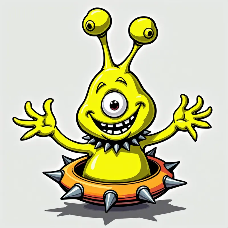Cheerful Alien in Spiked Spaceship - Detailed line art illustration A cartoonish, fluorescent yellow alien creature, positioned centrally in the image. The creature has a bulbous, teardrop shape body, and one large, expressive eye in the middle of its forehead Three oddly shaped fleshy appendages stick straight out from the top of its headi. It is wearing a gothic collar with enormous metal spikes sticking out of it. The creature has a cheerful, grinning expression, with visible, cartoonish teeth. Its arms, also brightly coloured, are outstretched in a welcoming gesture. The creature is sitting in a brightly coloured spaceship with metal spikes sticking out from the sides. The background is a plain, light gray. The style is vibrant, playful, and exaggerated, with bold outlines and bright colors. The lighting is even, casting no significant shadows. The creature's pose is friendly and inviting. The overall impression is of a friendly, cartoon alien character. - AI image generated with Photorealistic 2