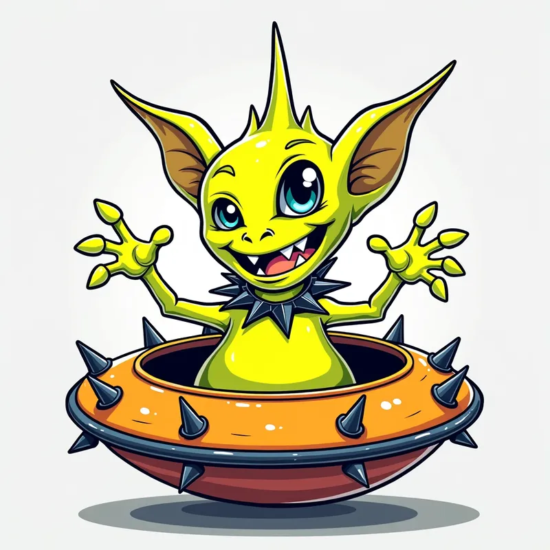 Cheerful Alien in Spiked Spaceship - Detailed line art illustration A cartoonish, fluorescent yellow alien creature, positioned centrally in the image. The creature has a bulbous, teardrop shape body, and one large, expressive eye in the middle of its forehead Three oddly shaped fleshy appendages stick straight out from the top of its headi. It is wearing a gothic collar with enormous metal spikes sticking out of it. The creature has a cheerful, grinning expression, with visible, cartoonish teeth. Its arms, also brightly coloured, are outstretched in a welcoming gesture. The creature is sitting in a brightly coloured spaceship with metal spikes sticking out from the sides. The background is a plain, light gray. The style is vibrant, playful, and exaggerated, with bold outlines and bright colors. The lighting is even, casting no significant shadows. The creature's pose is friendly and inviting. The overall impression is of a friendly, cartoon alien character. - AI image generated with Photorealistic 2