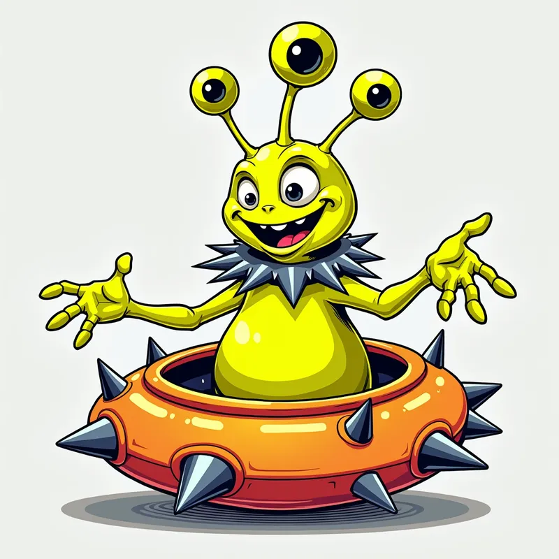 Cheerful Alien in Spiked Spaceship - Tangra AI Image Generator