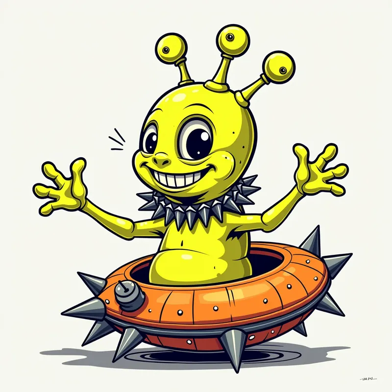 Cheerful Alien in Spiked Spaceship - Detailed line art illustration A cartoonish, fluorescent yellow alien creature, positioned centrally in the image. The creature has a bulbous, teardrop shape body, and one large, expressive eye in the middle of its forehead Three oddly shaped fleshy appendages stick straight out from the top of its headi. It is wearing a gothic collar with enormous metal spikes sticking out of it. The creature has a cheerful, grinning expression, with visible, cartoonish teeth. Its arms, also brightly coloured, are outstretched in a welcoming gesture. The creature is sitting in a brightly coloured spaceship with metal spikes sticking out from the sides. The background is a plain, light gray. The style is vibrant, playful, and exaggerated, with bold outlines and bright colors. The lighting is even, casting no significant shadows. The creature's pose is friendly and inviting. The overall impression is of a friendly, cartoon alien character. - AI image generated with Photorealistic 2