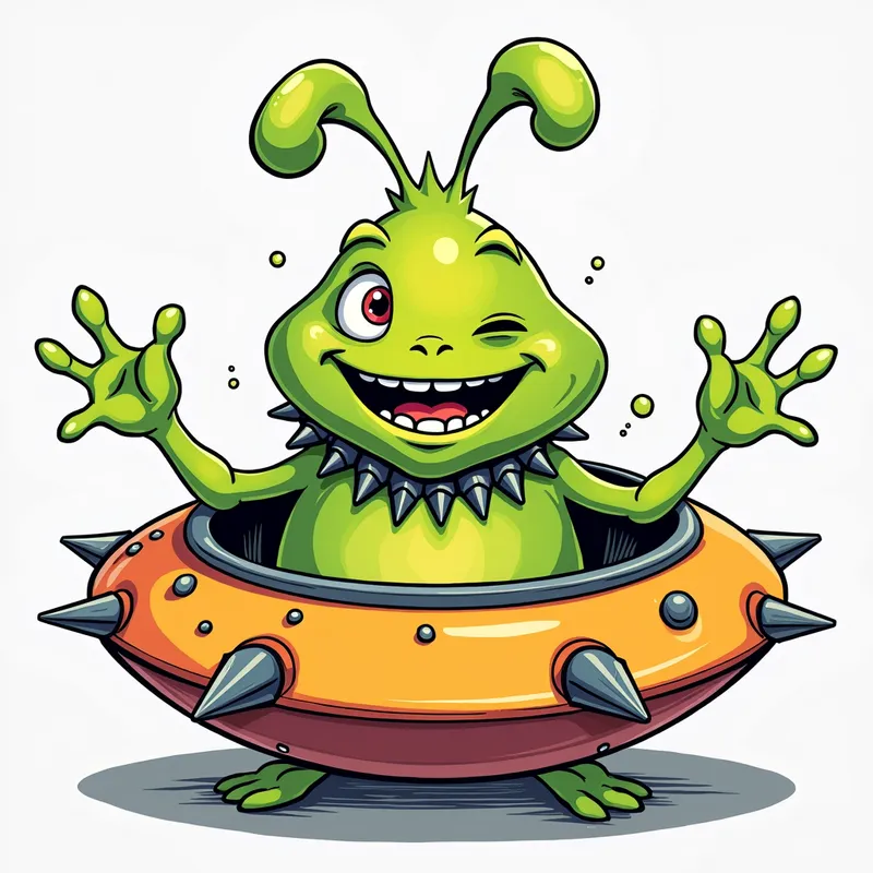 Cheerful Alien in Spiked Spaceship - /imagine prompt:Detailed line art illustration A cartoonish, bright green alien creature, positioned centrally in the image. The creature has a bulbous, teardrop shape body, and one large, expressive eye in the middle of its forehead Three oddly shaped fleshy appendages stick straight out from the top of its headi. It is wearing a gothic collar with enormous metal spikes sticking out of it. The creature has a cheerful, grinning expression, with visible, cartoonish teeth. Its arms, also brightly coloured, are outstretched in a welcoming gesture. The creature is sitting in a brightly coloured spaceship with metal spikes sticking out from the sides. The background is a plain, light gray. The style is vibrant, playful, and exaggerated, with bold outlines and bright colors. The lighting is even, casting no significant shadows. The creature's pose is friendly and inviting. The overall impression is of a friendly, cartoon alien character. - AI image generated with Photorealistic 2