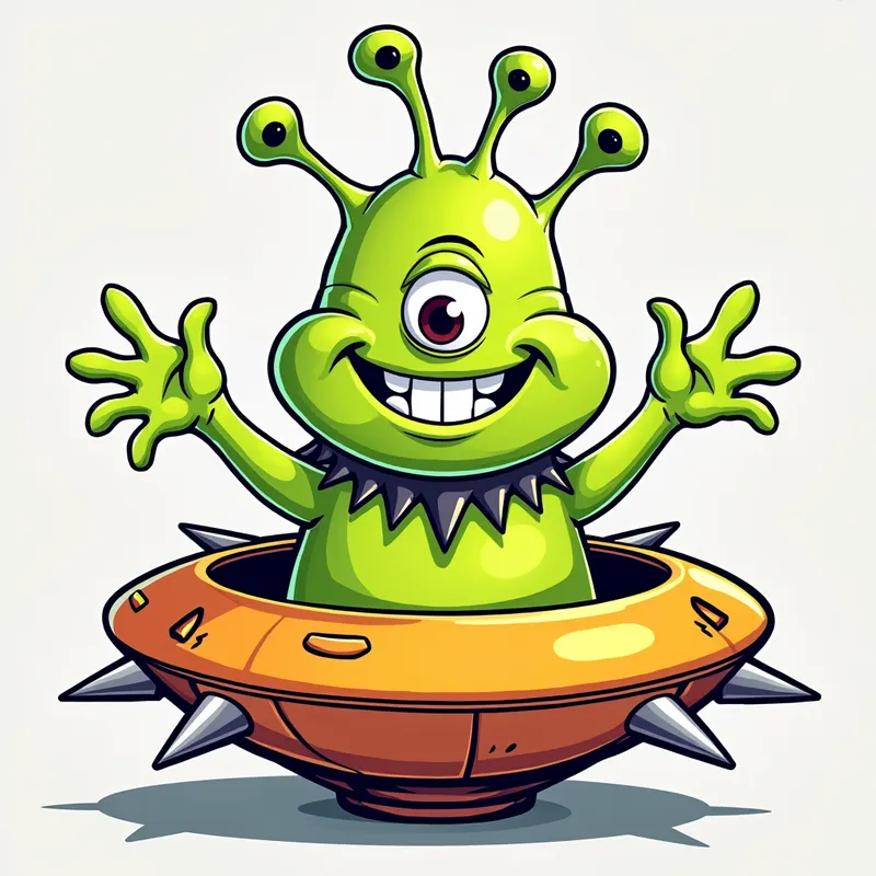 Cheerful Alien in Spiked Spaceship - /imagine prompt:Detailed line art illustration A cartoonish, bright green alien creature, positioned centrally in the image. The creature has a bulbous, teardrop shape body, and one large, expressive eye in the middle of its forehead Three oddly shaped fleshy appendages stick straight out from the top of its headi. It is wearing a gothic collar with enormous metal spikes sticking out of it. The creature has a cheerful, grinning expression, with visible, cartoonish teeth. Its arms, also brightly coloured, are outstretched in a welcoming gesture. The creature is sitting in a brightly coloured spaceship with metal spikes sticking out from the sides. The background is a plain, light gray. The style is vibrant, playful, and exaggerated, with bold outlines and bright colors. The lighting is even, casting no significant shadows. The creature's pose is friendly and inviting. The overall impression is of a friendly, cartoon alien character. - AI image generated with Photorealistic 2