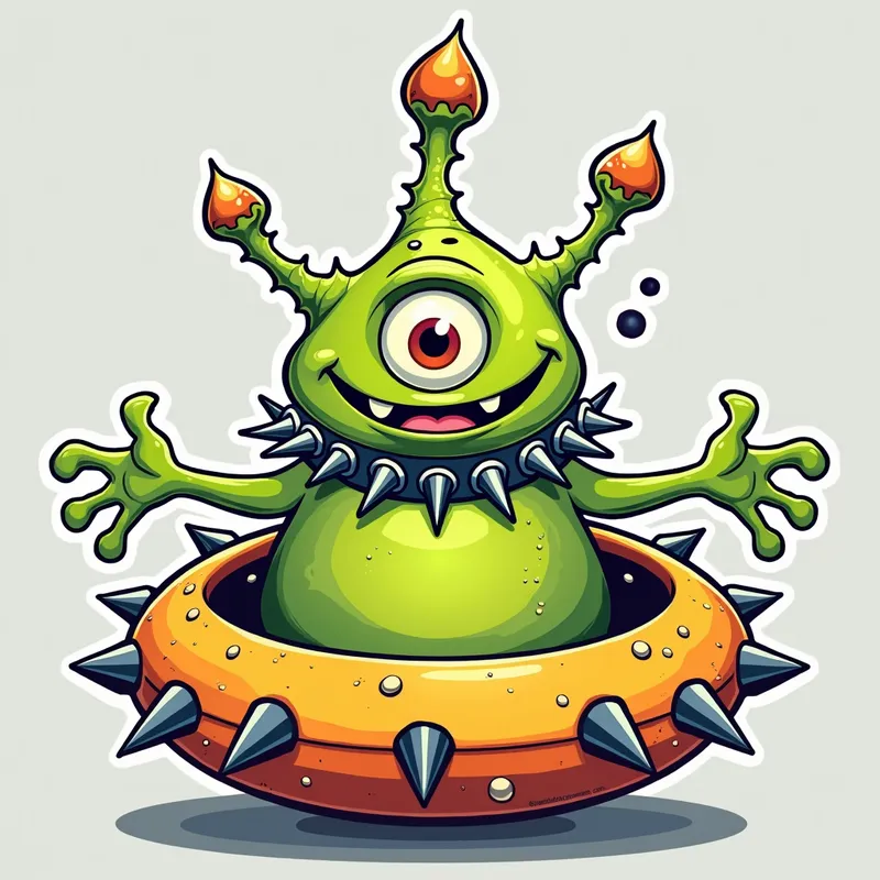 Cheerful Alien in Spiked Spaceship - /imagine prompt:Detailed line art illustration A cartoonish, bright green alien creature, positioned centrally in the image. The creature has a bulbous, teardrop shape body, and one large, expressive eye in the middle of its forehead Three oddly shaped fleshy appendages stick straight out from the top of its headi. It is wearing a gothic collar with enormous metal spikes sticking out of it. The creature has a cheerful, grinning expression, with visible, cartoonish teeth.  Its arms, also brightly coloured, are outstretched in a welcoming gesture. The creature is sitting in a brightly coloured spaceship with metal spikes sticking out from the sides. The background is a plain, light gray. The style is vibrant, playful, and exaggerated, with bold outlines and bright colors. The lighting is even, casting no significant shadows. The creature's pose is friendly and inviting. The overall impression is of a friendly, cartoon alien character. - AI image generated with Photorealistic 2