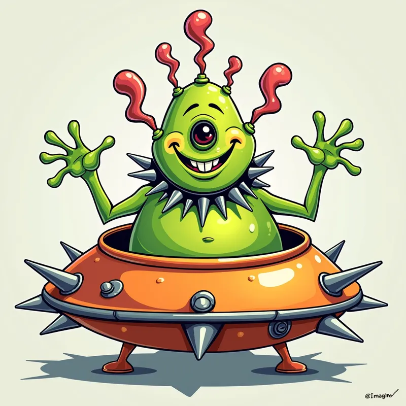 Cheerful Alien in Spiked Spaceship - /imagine prompt:Detailed line art illustration A cartoonish, bright green alien creature, positioned centrally in the image. The creature has a bulbous, teardrop shape body, and one large, expressive eye in the middle of its forehead Three oddly shaped fleshy appendages stick straight out from the top of its headi. It is wearing a gothic collar with enormous metal spikes sticking out of it. The creature has a cheerful, grinning expression, with visible, cartoonish teeth.  Its arms, also brightly coloured, are outstretched in a welcoming gesture. The creature is sitting in a brightly coloured spaceship with metal spikes sticking out from the sides. The background is a plain, light gray. The style is vibrant, playful, and exaggerated, with bold outlines and bright colors. The lighting is even, casting no significant shadows. The creature's pose is friendly and inviting. The overall impression is of a friendly, cartoon alien character. - AI image generated with Photorealistic 2