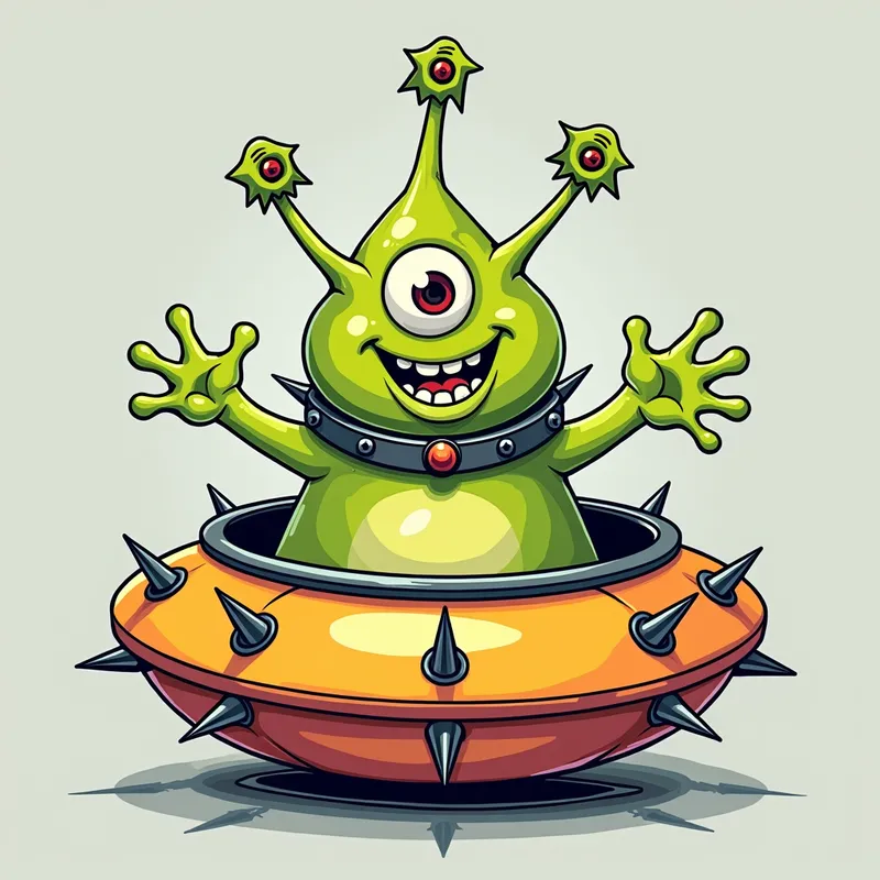 Cheerful Alien in Spiked Spaceship - /imagine prompt:Detailed line art illustration A cartoonish, bright green alien creature, positioned centrally in the image. The creature has a bulbous, teardrop shape body, and one large, expressive eye in the middle of its forehead Three oddly shaped fleshy appendages stick straight out from the top of its headi. It is wearing a gothic collar with enormous metal spikes sticking out of it. The creature has a cheerful, grinning expression, with visible, cartoonish teeth.  Its arms, also brightly coloured, are outstretched in a welcoming gesture. The creature is sitting in a brightly coloured spaceship with metal spikes sticking out from the sides. The background is a plain, light gray. The style is vibrant, playful, and exaggerated, with bold outlines and bright colors. The lighting is even, casting no significant shadows. The creature's pose is friendly and inviting. The overall impression is of a friendly, cartoon alien character. - AI image generated with Photorealistic 2