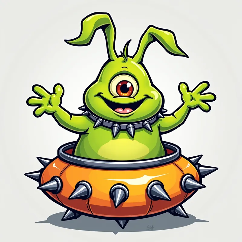 Cheerful Alien in Spiked Spaceship - /imagine prompt:Detailed line art illustration A cartoonish, bright green alien creature, positioned centrally in the image. The creature has a bulbous, teardrop shape body, and one large, expressive eye in the middle of its forehead Three oddly shaped fleshy appendages stick straight out from the top of its headi. It is wearing a gothic collar with enormous metal spikes sticking out of it. The creature has a cheerful, grinning expression, with visible, cartoonish teeth.  Its arms, also brightly coloured, are outstretched in a welcoming gesture. The creature is sitting in a brightly coloured spaceship with metal spikes sticking out from the sides. The background is a plain, light gray. The style is vibrant, playful, and exaggerated, with bold outlines and bright colors. The lighting is even, casting no significant shadows. The creature's pose is friendly and inviting. The overall impression is of a friendly, cartoon alien character. - AI image generated with Photorealistic 2
