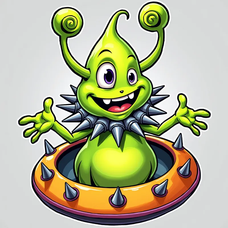 Cheerful Alien in Spiked Spaceship - /imagine prompt:Detailed line art illustration A cartoonish, bright green alien creature, positioned centrally in the image. The creature has a bulbous, teardrop shape body, and one large, expressive eye in the middle of its forehead Three oddly shaped fleshy appendages stick straight out from the top of its headi. It is wearing a gothic collar with enormous metal spikes sticking out of it. The creature has a cheerful, grinning expression, with visible, cartoonish teeth.  Its arms, also brightly coloured, are outstretched in a welcoming gesture. The creature is sitting in a brightly coloured spaceship with metal spikes sticking out from the sides. The background is a plain, light gray. The style is vibrant, playful, and exaggerated, with bold outlines and bright colors. The lighting is even, casting no significant shadows. The creature's pose is friendly and inviting. The overall impression is of a friendly, cartoon alien character. - AI image generated with Photorealistic 2