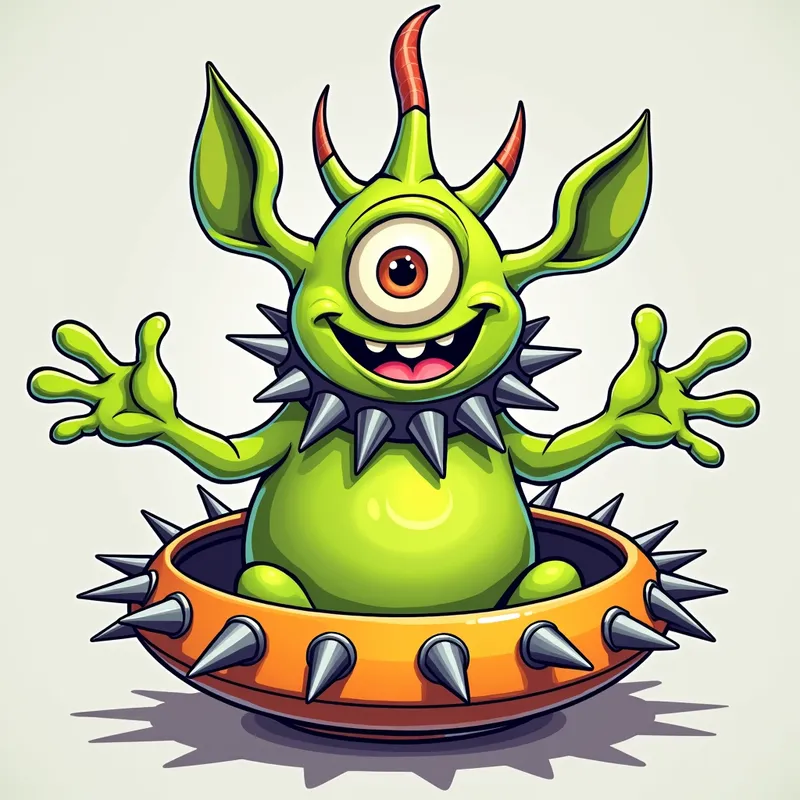 Cheerful Alien in Spiked Spaceship - /imagine prompt:Detailed line art illustration A cartoonish, bright green alien creature, positioned centrally in the image. The creature has a bulbous, teardrop shape body, and one large, expressive eye in the middle of its forehead Three oddly shaped fleshy appendages stick straight out from the top of its headi. It is wearing a gothic collar with enormous metal spikes sticking out of it. The creature has a cheerful, grinning expression, with visible, cartoonish teeth.  Its arms, also brightly coloured, are outstretched in a welcoming gesture. The creature is sitting in a brightly coloured spaceship with metal spikes sticking out from the sides. The background is a plain, light gray. The style is vibrant, playful, and exaggerated, with bold outlines and bright colors. The lighting is even, casting no significant shadows. The creature's pose is friendly and inviting. The overall impression is of a friendly, cartoon alien character. - AI image generated with Photorealistic 2