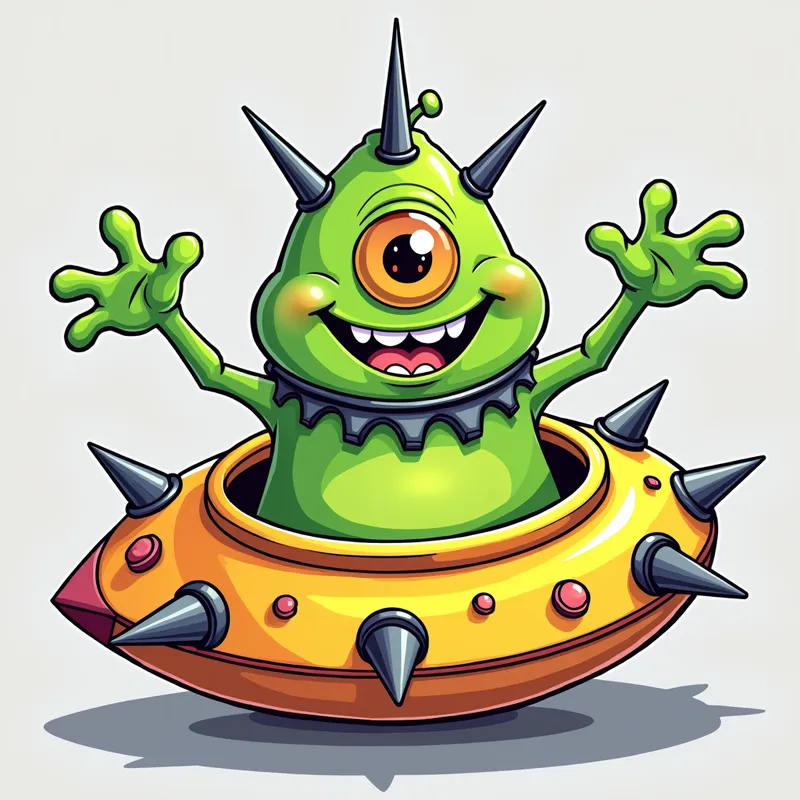 Cheerful Alien in Spiked Spaceship - /imagine prompt:Detailed line art illustration A cartoonish, bright green alien creature, positioned centrally in the image. The creature has a bulbous, teardrop shape body, and one large, expressive eye in the middle of its forehead Three oddly shaped fleshy appendages stick straight out from the top of its headi. It is wearing a gothic collar with enormous metal spikes sticking out of it. The creature has a cheerful, grinning expression, with visible, cartoonish teeth.  Its arms, also brightly coloured, are outstretched in a welcoming gesture. The creature is sitting in a brightly coloured spaceship with metal spikes sticking out from the sides. The background is a plain, light gray. The style is vibrant, playful, and exaggerated, with bold outlines and bright colors. The lighting is even, casting no significant shadows. The creature's pose is friendly and inviting. The overall impression is of a friendly, cartoon alien character. - AI image generated with Photorealistic 2