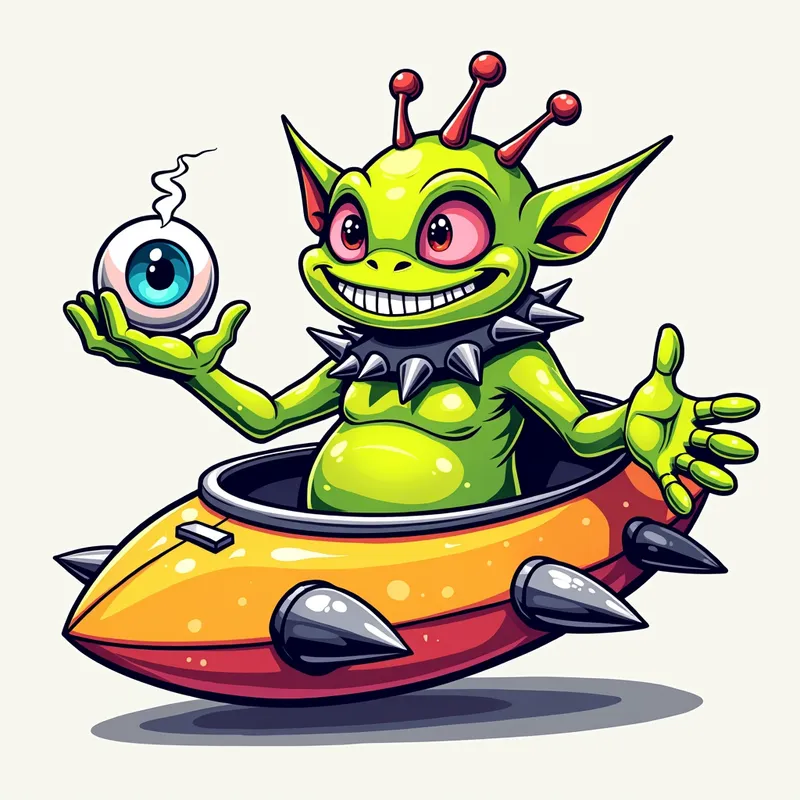 Cheerful Alien in Spiked Spaceship - Detailed line art illustration A cartoonish, brightly coloured alien creature, positioned centrally in the image. The creature has a bulbous, teardrop shape body, and three large, expressive eyes.  a hand extends from its head with a eyeball sitting in the palm. It is wearing a gothic collar with enormous metal spikes sticking out of it. The creature has a cheerful, grinning expression, with visible, cartoonish teeth.  Its arms, also brightly coloured, are outstretched in a welcoming gesture. The creature is sitting in a brightly coloured spaceship with metal spikes sticking out from the sides. The background is a plain, light gray. The style is vibrant, playful, and exaggerated, with bold outlines and bright colors. The lighting is even, casting no significant shadows. The creature's pose is friendly and inviting. The overall impression is of a friendly, cartoon alien character. - AI image generated with Photorealistic 2